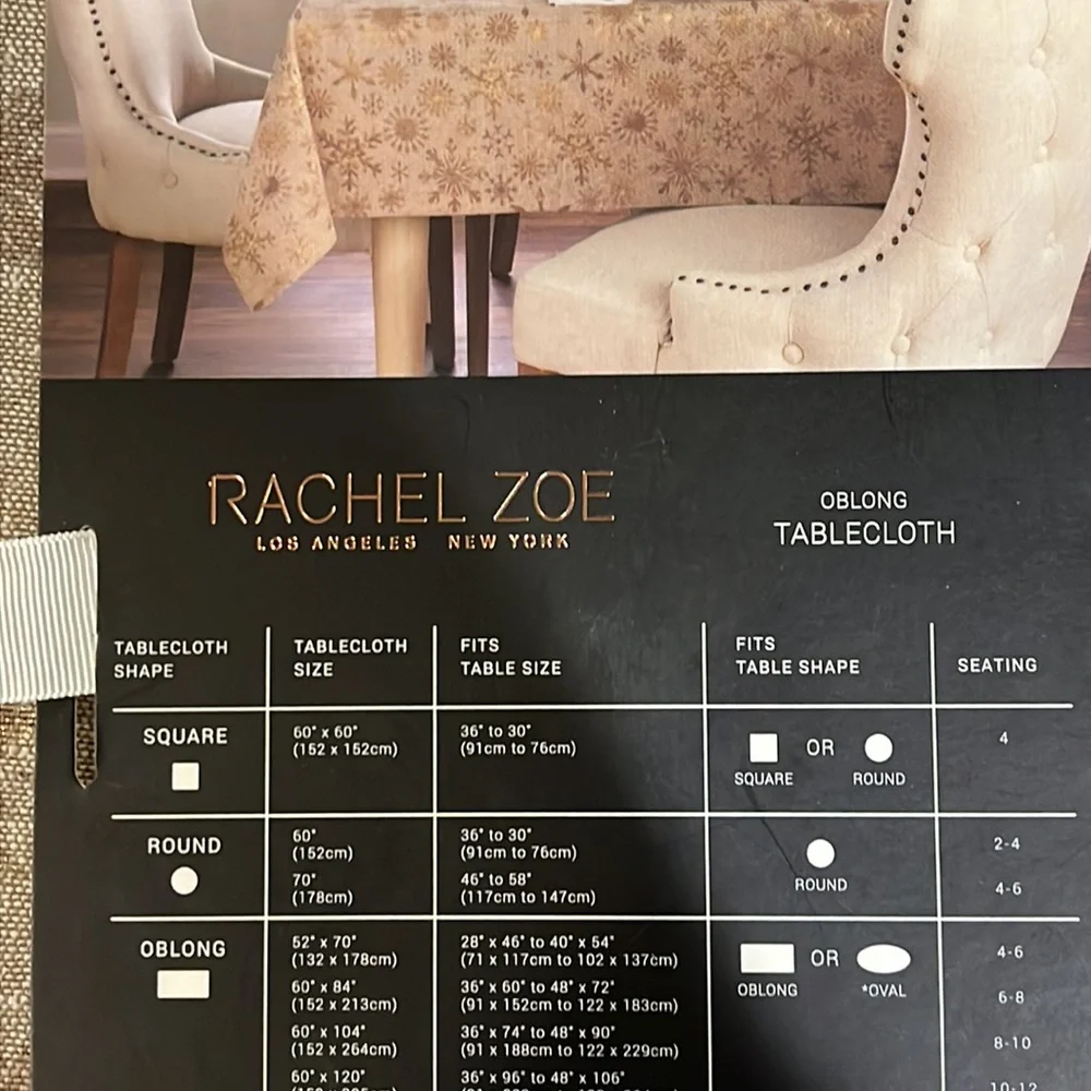 Rachael Zoe Oblong Tablecloth 60”x84” new gold snowflakes holidays